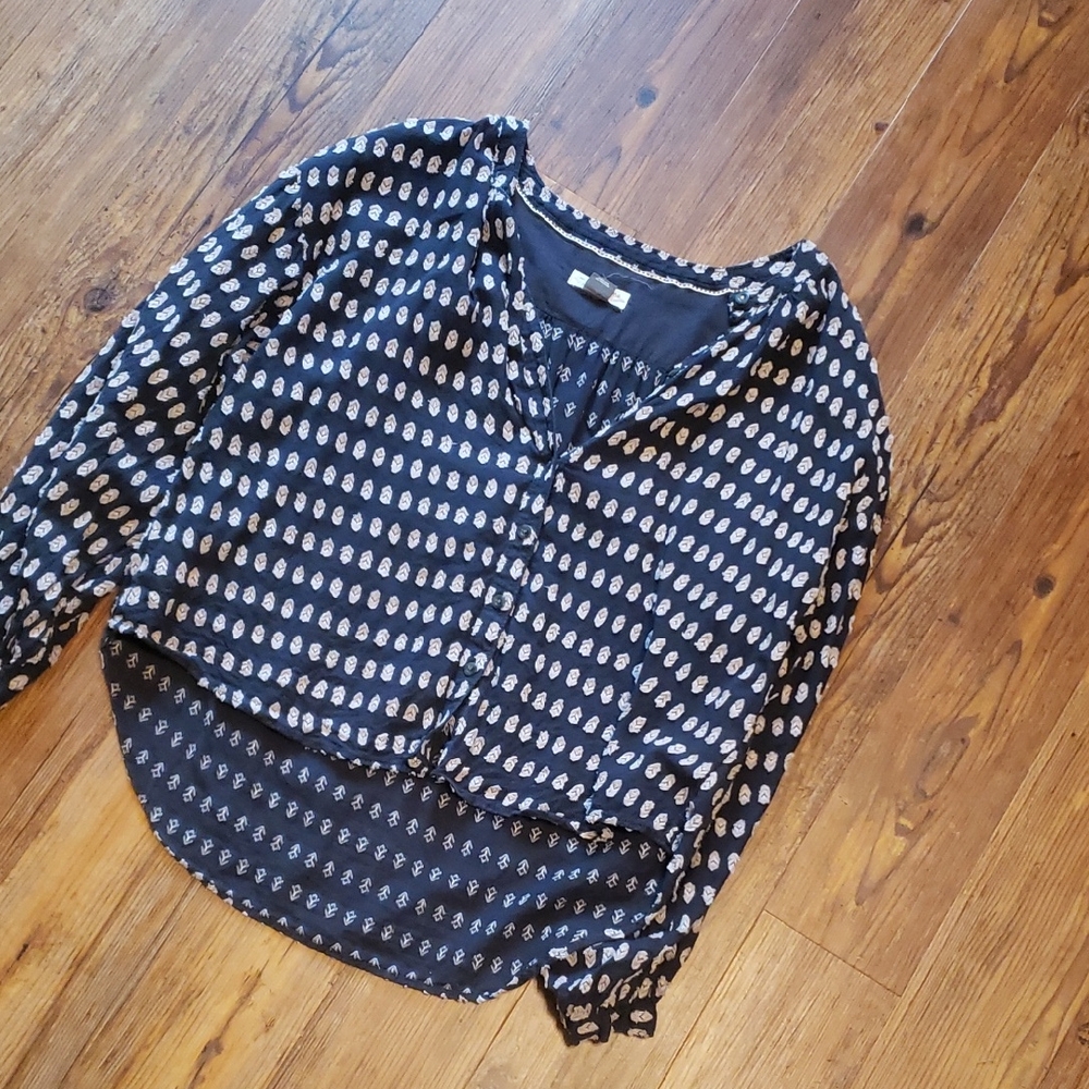 Anthropologie Navy Blue and White Printed Button-Front Blouse